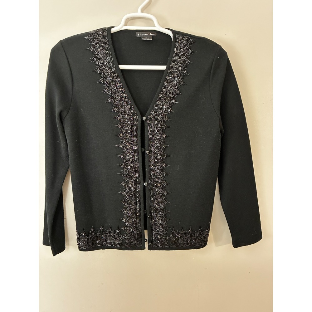 Theo Miles Cardigan Women M Black Beaded Sequin Vintage V-Neck Evening Sweater
